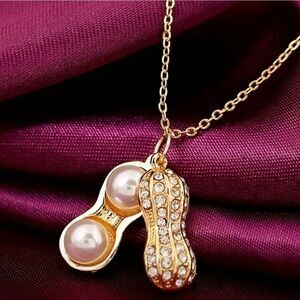 14K Gold Plated Diamond Peanut Pearl Pendant Necklace